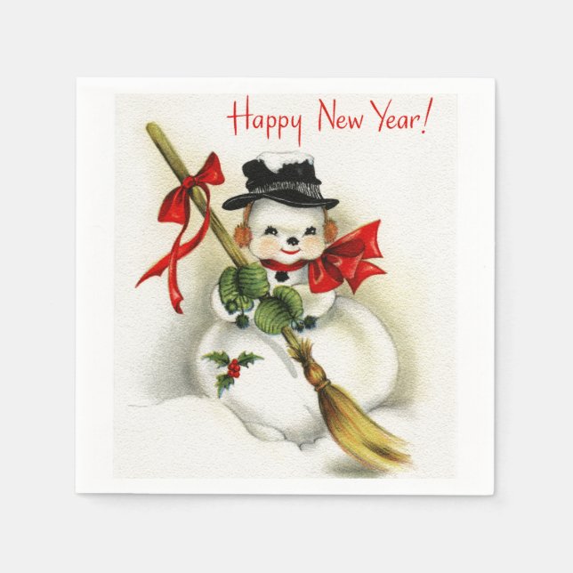 Vintage Happy New Year  Snowman White Paper Napkin (Front)