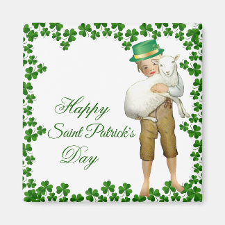 Vintage Happy Saint Patricks Day Hat Boy Hugs Lamb Magnet