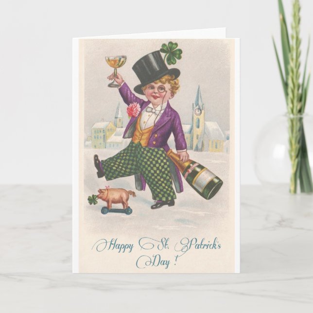Vintage Happy St Patricks Day Shamrock Champagne Card (Front)