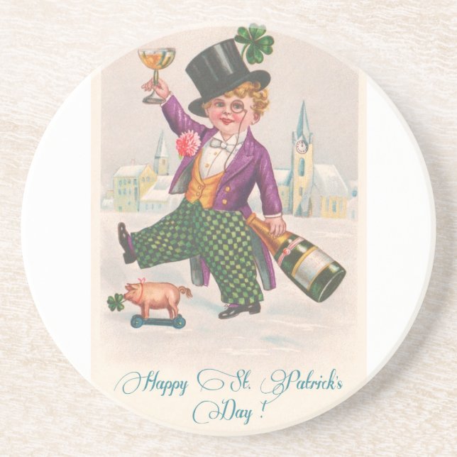 Vintage Happy St Patricks Day Shamrock Champagne Coaster (Front)