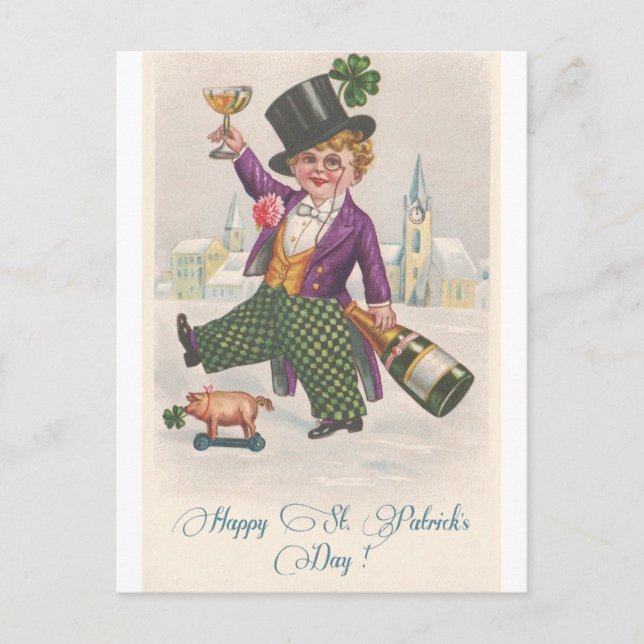 Vintage Happy St Patricks Day Shamrock Champagne Postcard (Front)