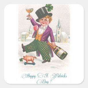 Vintage Happy St Patricks Day Shamrock Champagne Square Sticker