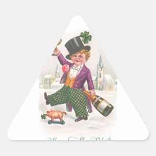 Vintage Happy St Patricks Day Shamrock Champagne Triangle Sticker