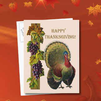 Vintage Happy Thanksgiving Turkey and Grapes, ZSSG Holiday Postcard