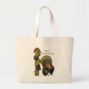 Vintage Happy Thanksgiving Turkey Large Tote Bag