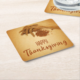 Vintage Happy Thanksgiving Wheat Corn Square Paper Coaster