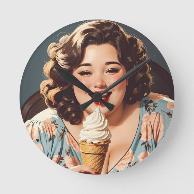 Vintage Happy Woman Eating Ice Cream Round Clock (Front)