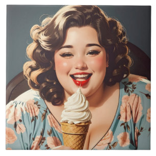 Vintage Happy Woman Eating Ice Cream Tile