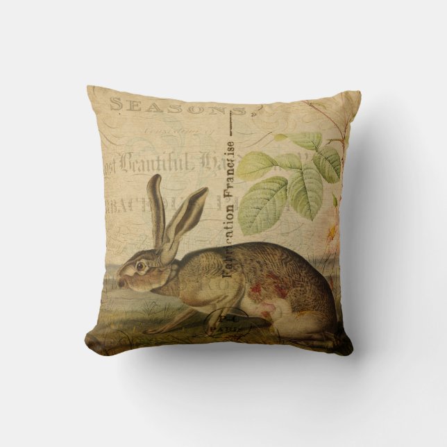 Vintage Hare Animal Illustration Floral Collage Cushion (Front)