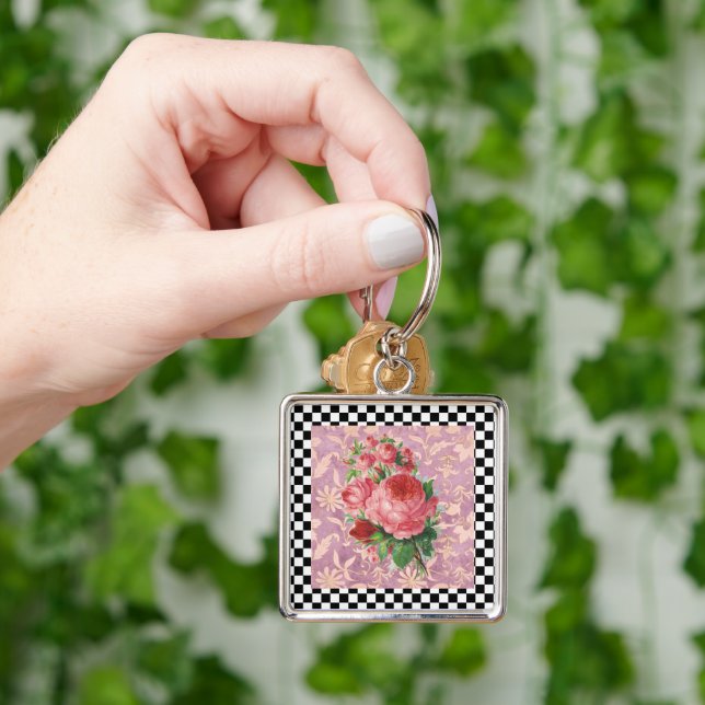 Vintage Harlequin Pink Roses  Key Ring (Hand)