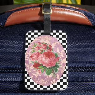 Vintage Harlequin Pink Roses  Luggage Tag
