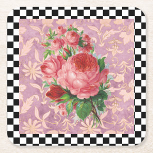 Vintage Harlequin Pink Roses Square Paper Coaster