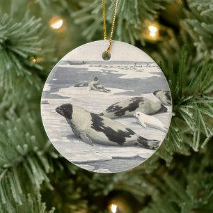 Vintage Harp Seals in Arctic Snow by Louis Fuertes Ceramic Tree Decoration