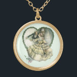 Vintage Harrison Fisher, Christmas Bride and Groom Gold Plated Necklace<br><div class="desc">Vintage illustration love and romance image by Harrison Fisher,  1908. A Victorian couple dressed in a tuxedo and wedding gown kissing on New Year's Eve at the stroke of midnight inside of a heart made of Christmas holly. The happy newlyweds kiss. Great image to use for a December wedding.</div>