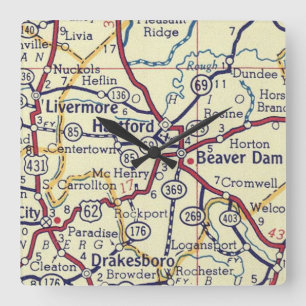 Vintage Hartford KY Map Square Wall Clock