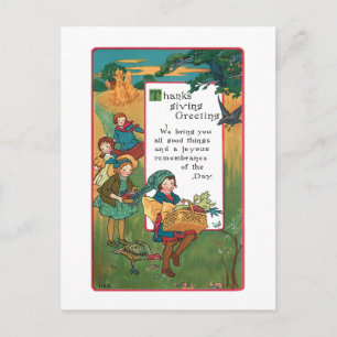 Vintage Harvest Children and Thanksgiving Verse Holiday Postcard