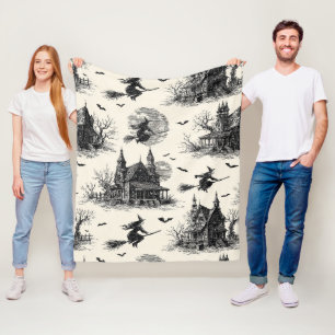 Vintage Haunted House and Witch Toile Pattern (2) Fleece Blanket