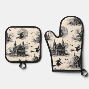 Vintage Haunted House and Witch Toile Pattern (2) Oven Mitt & Pot Holder Set