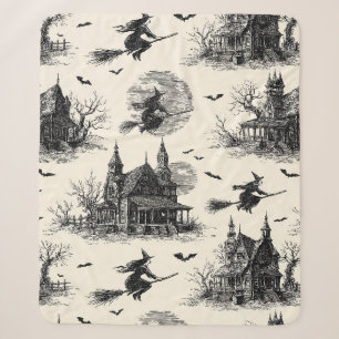 Vintage Haunted House and Witch Toile Pattern (2) Sherpa Blanket