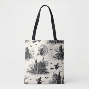 Vintage Haunted House and Witch Toile Pattern (2) Tote Bag