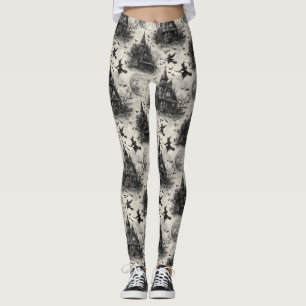 Vintage Haunted House and Witch Toile Pattern Leggings