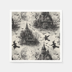 Vintage Haunted House and Witch Toile Pattern Napkin