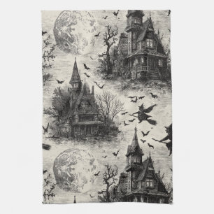 Vintage Haunted House and Witch Toile Pattern Tea Towel