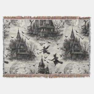 Vintage Haunted House and Witch Toile Pattern Throw Blanket