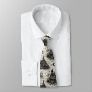 Vintage Haunted House and Witch Toile Pattern Tie