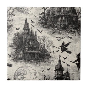 Vintage Haunted House and Witch Toile Pattern Tile