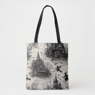Vintage Haunted House and Witch Toile Pattern Tote Bag