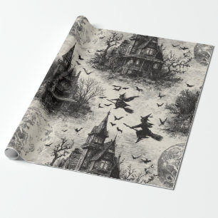 Vintage Haunted House and Witch Toile Pattern Wrapping Paper