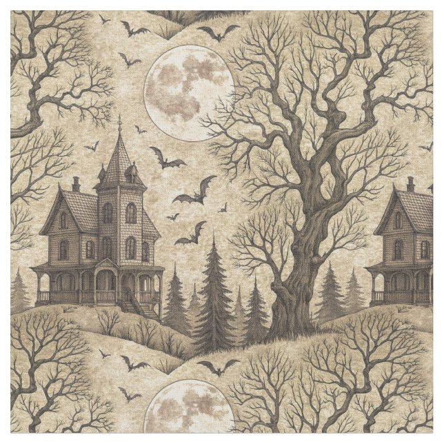 Vintage Haunted House & Full Moon Fabric (Close Up)