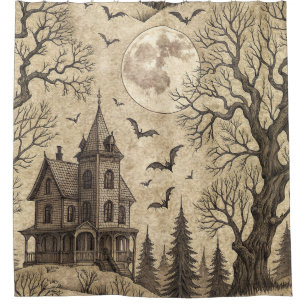 Vintage Haunted House & Full Moon Shower Curtain