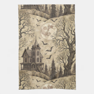 Vintage Haunted House & Full Moon Tea Towel