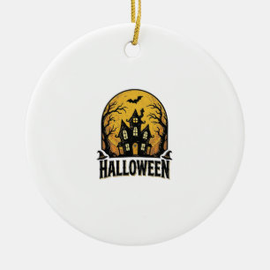 Vintage Haunted House Halloween Shirt Design_1 Ceramic Tree Decoration