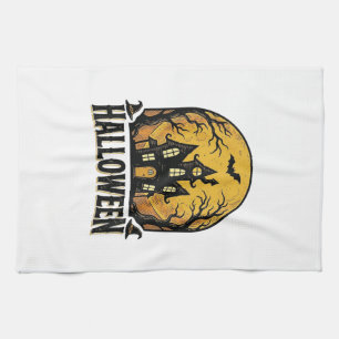 Vintage Haunted House Halloween Shirt Design_1 Tea Towel