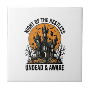 Vintage Haunted House Restless Dead Halloween Art_ Tile