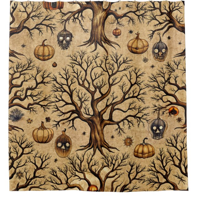 Vintage Haunted Trees & Pumpkin Lanterns Pattern Shower Curtain (Front)