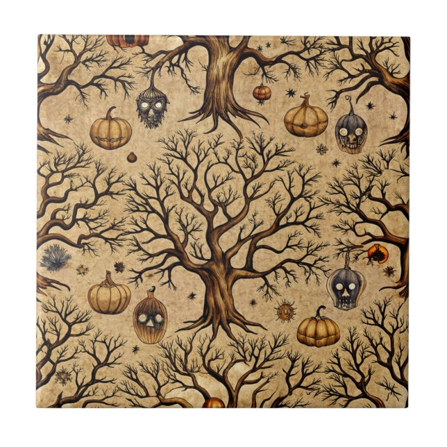 Vintage Haunted Trees & Pumpkin Lanterns Pattern Tile (Front)