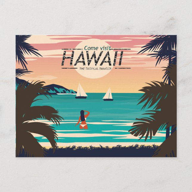 Vintage Hawaii Beach at Sunset Postcard (Front)