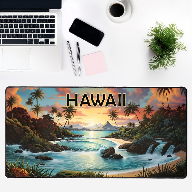 Vintage Hawaii Beach Mountains Painting Desk Mat (Vintage Hawaii Beach Mountains Painting Desk Mat)