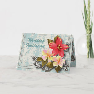 vintage hawaii hibiscus floral tropical wedding invitation