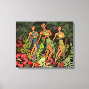 Vintage Hawaii Hula Dancers Retro Tiki Palm Tree Canvas Print