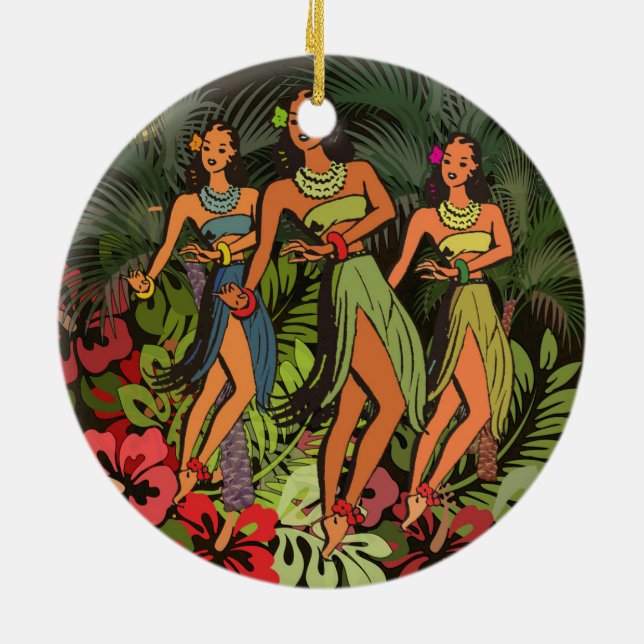 Vintage Hawaii Hula Dancers Retro Tiki Palm Tree Ceramic Tree Decoration (Back)