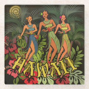 Vintage Hawaii Hula Dancers Retro Tiki Palm Tree Glass Coaster