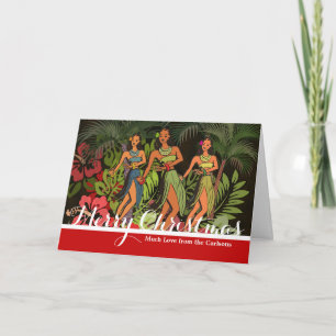 Vintage Hawaii Hula Dancers Retro Tiki Palm Tree Holiday Card