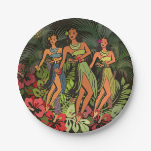 Vintage Hawaii Hula Dancers Retro Tiki Palm Tree Paper Plate