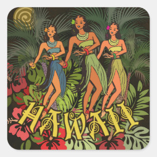 Vintage Hawaii Hula Dancers Retro Tiki Palm Tree Square Sticker