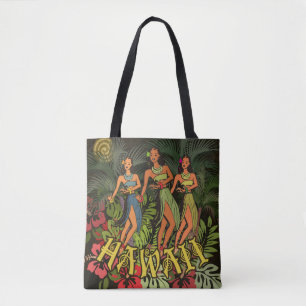 Vintage Hawaii Hula Dancers Retro Tiki Palm Tree Tote Bag